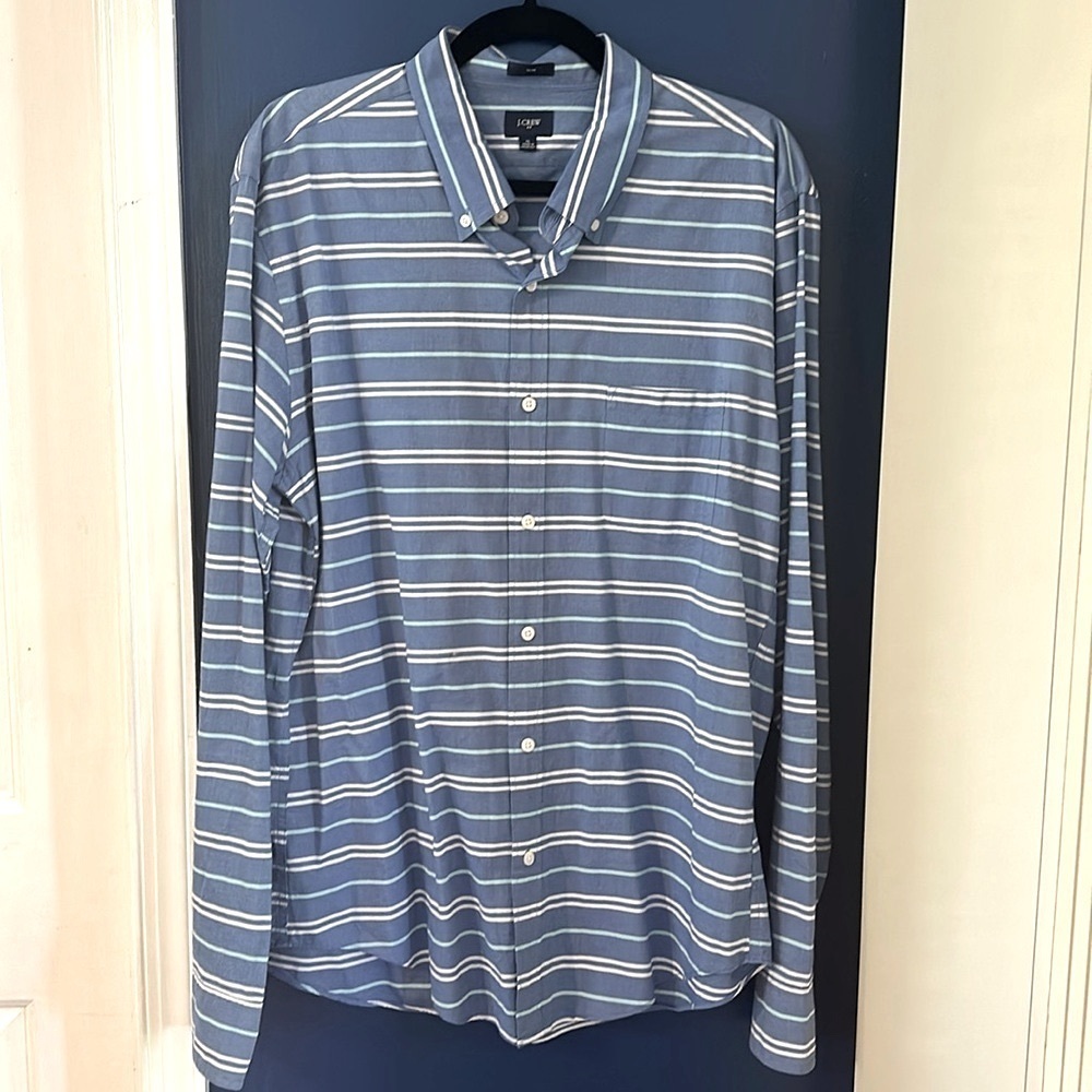 Men’s J.Crew Blue Striped Cotton Slim Fit Long Sleeve Casual Shirt Size XL